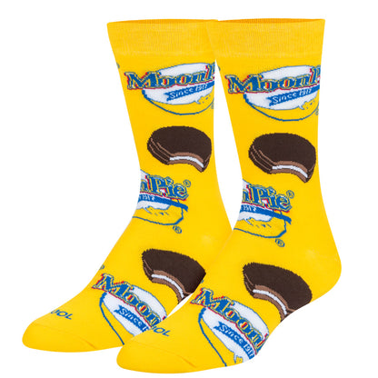 yellow moon pie socks on a white background.