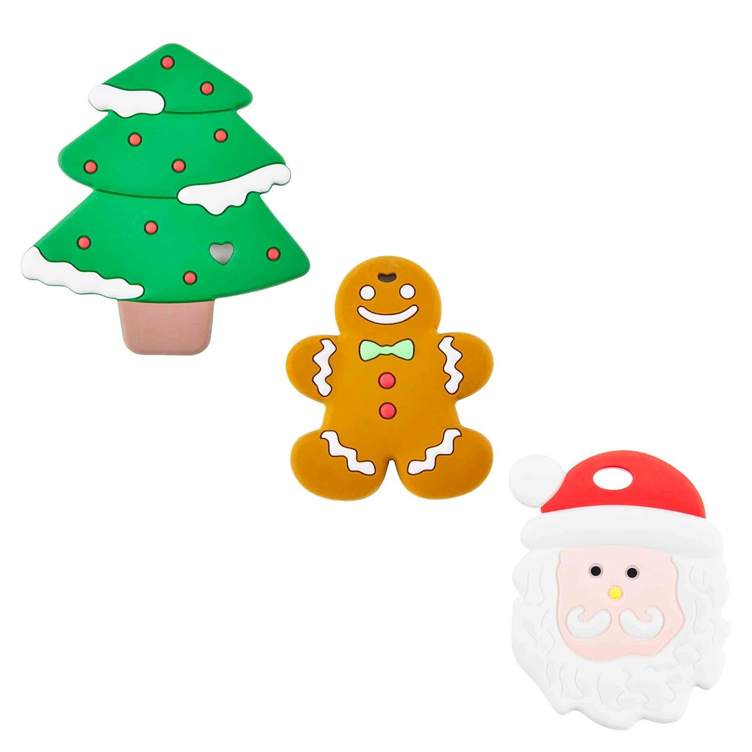 Three styles of Christmas silicone teethers on a white background.