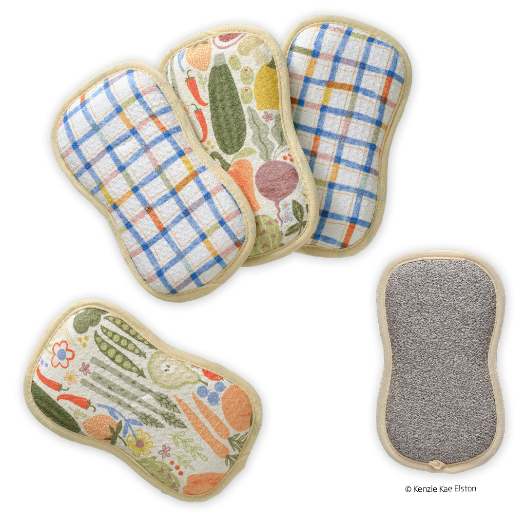 4 farm stand scrubbies on a white background