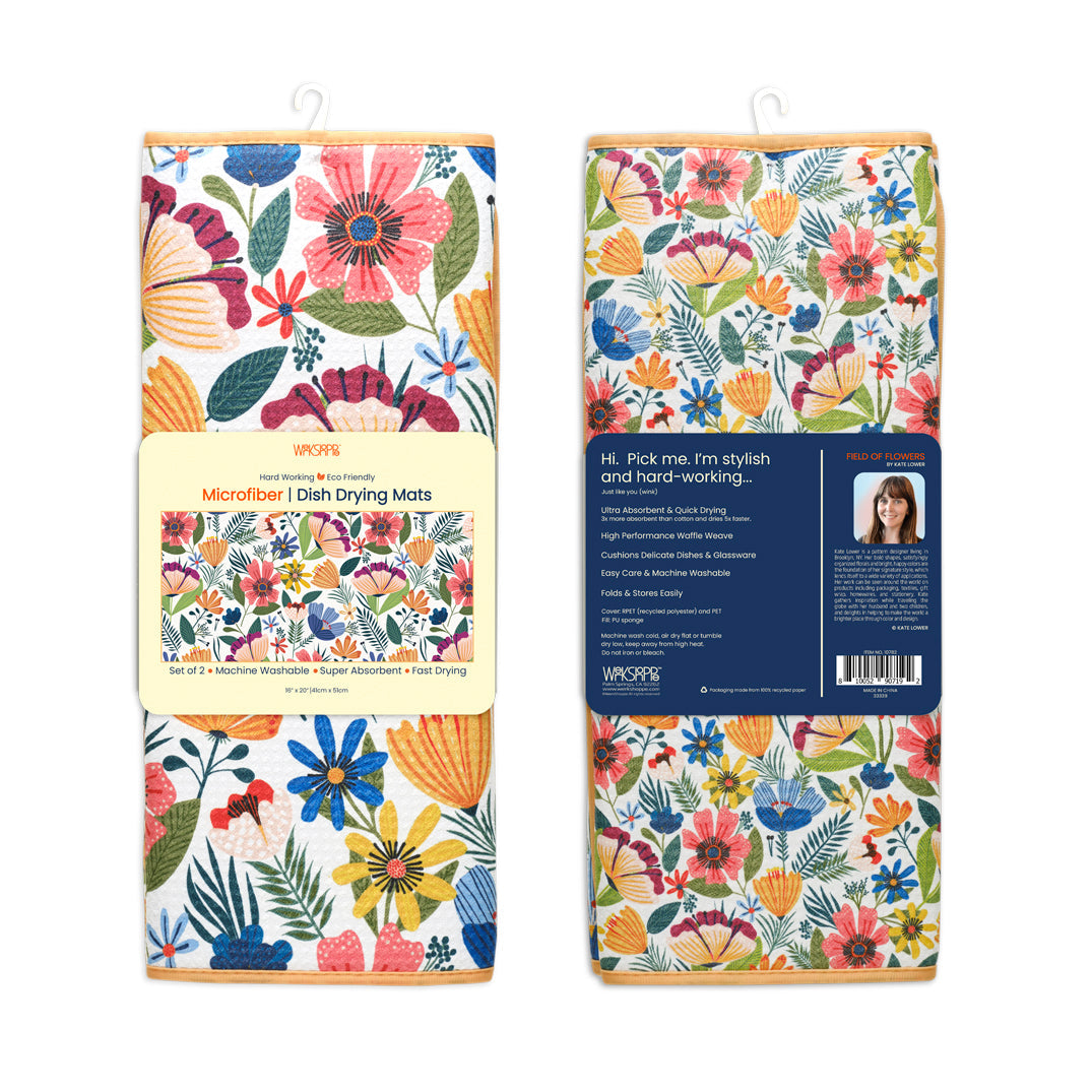 front and back views of field of flowers dish mats folded in their packaging