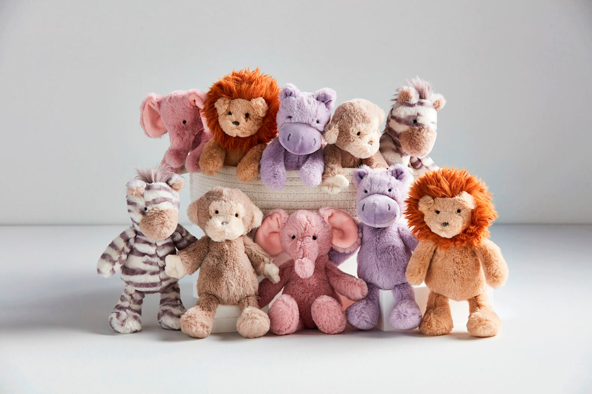 10 safari plush rattle pals on a white background