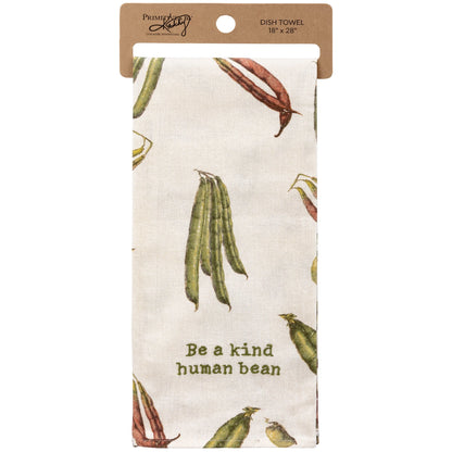 Ivory towel with all over green bean design and embroidered with "be a kind human bean"