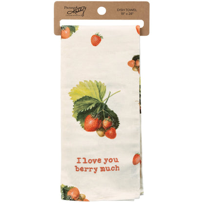 Ivory towel with vintage style strawberry design printed on it and "I love you very much" embroidered on it