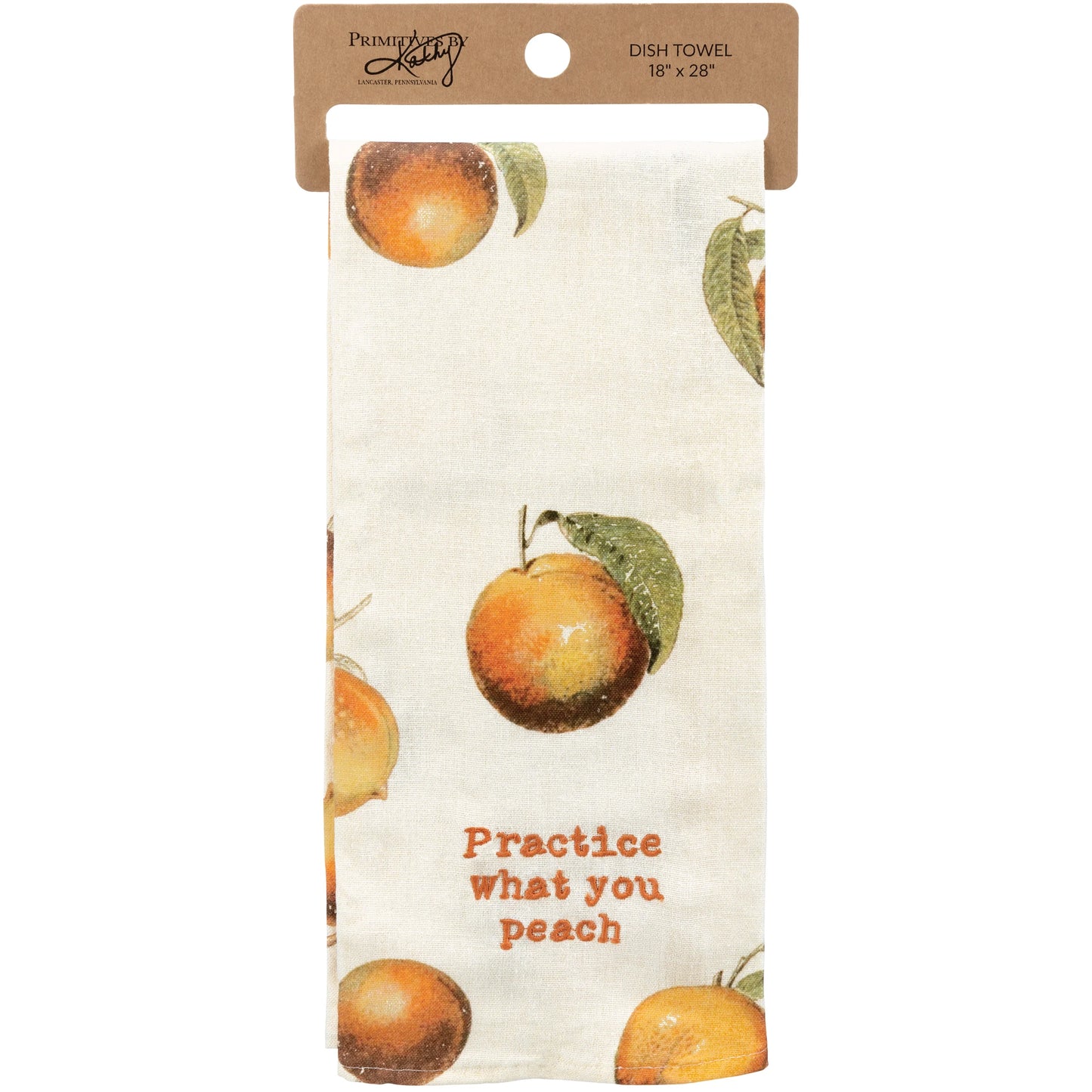 off white dishtowel with all over peach design and "practice what you peach" embroidered on it