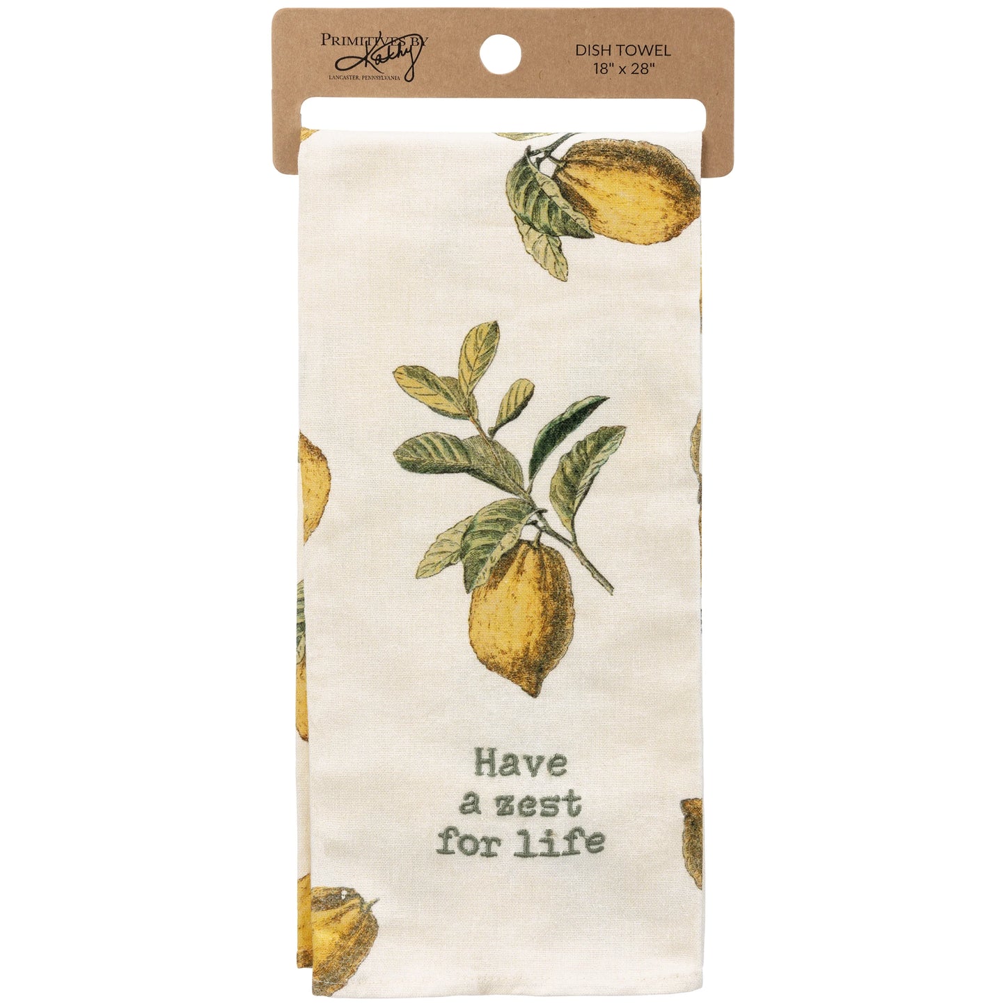 Ivory towel with vintage inspired lemon design printed on it and "have a zest for life" embroidered on it
