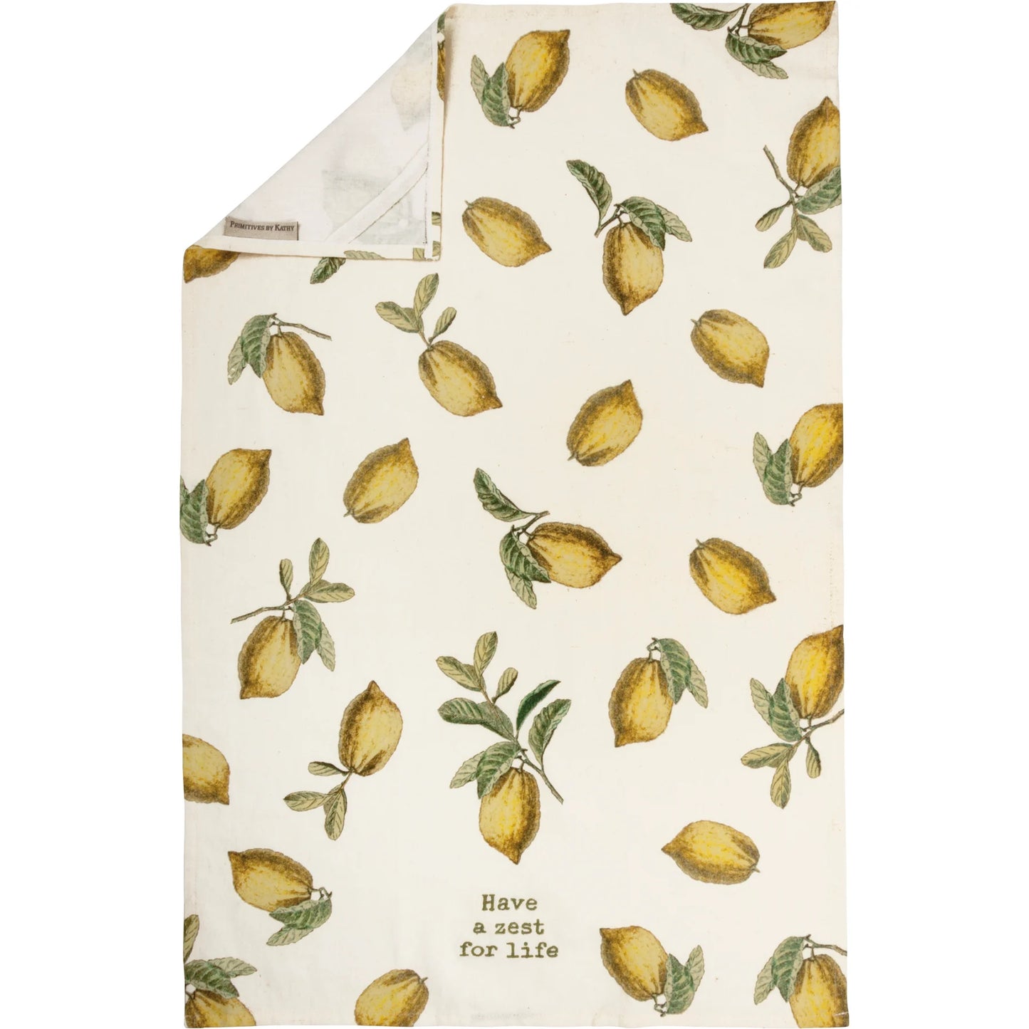 Zest for Life towel laying flat with one corner flapped over showing hanging loop