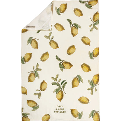 Zest for Life towel laying flat with one corner flapped over showing hanging loop