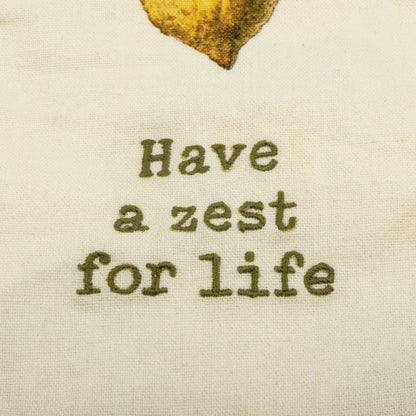 Close up of "have a zest for life" embroidery on towel