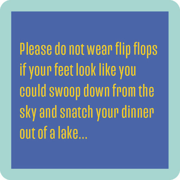 flip flops coaster is blue is light blue trim and yellow text listed in the description