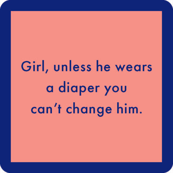 diaper coaster is bubblegum pink with royal blue trim and text listed in the description