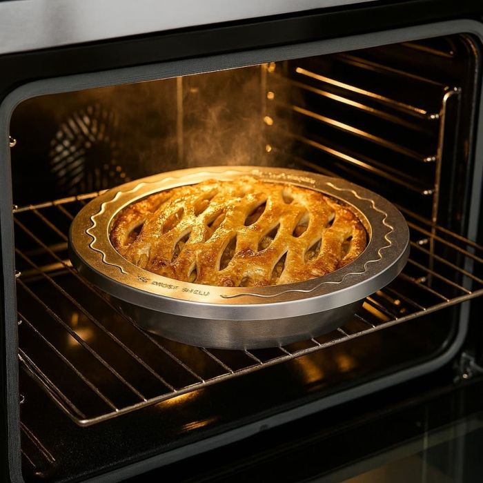 lattice cut pie with Pie Crust Shield on it in a hot oven