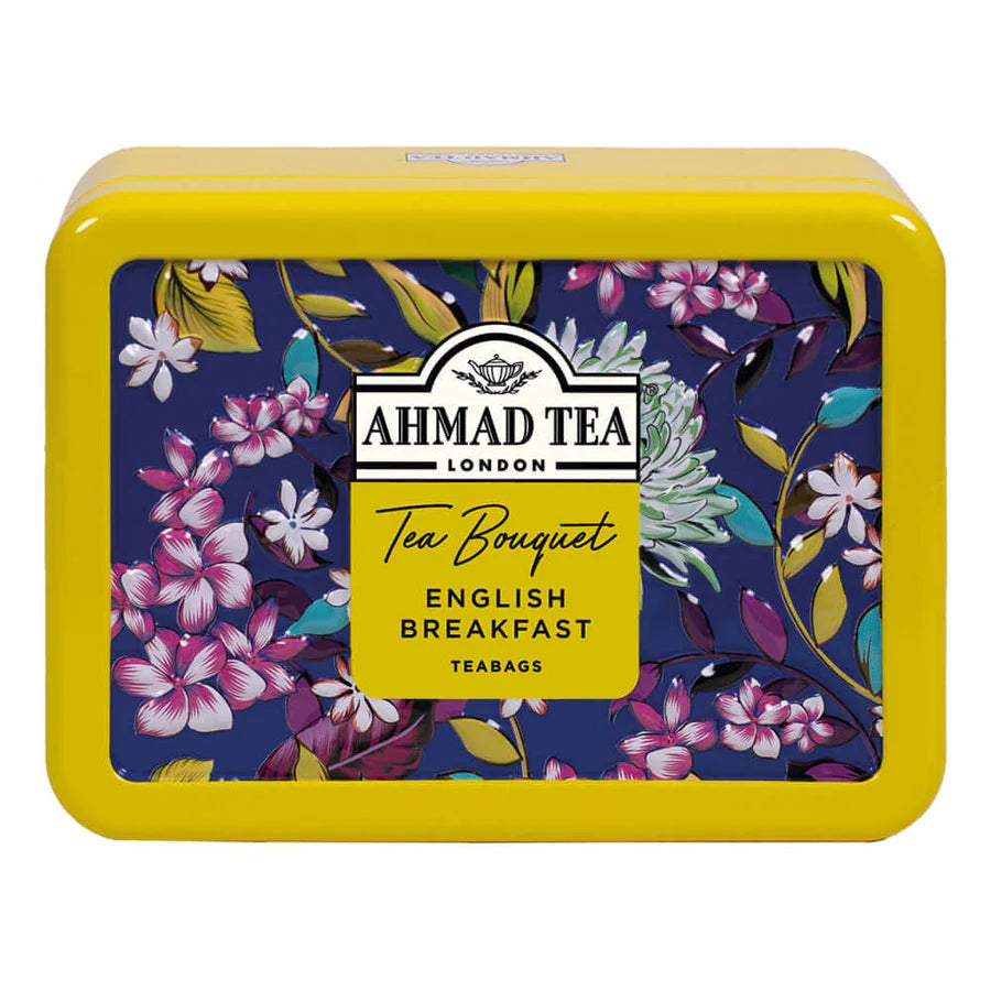 Ahmad English Breakfast Tea in a yellow tin with blue floral design