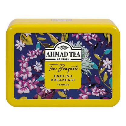 Ahmad English Breakfast Tea in a yellow tin with blue floral design