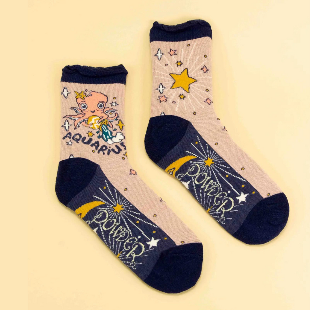 grey aquarius socks with octopus design.