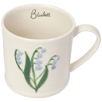 bluebell embossed mug with the word "bluebell" written on the upper inside of the mug