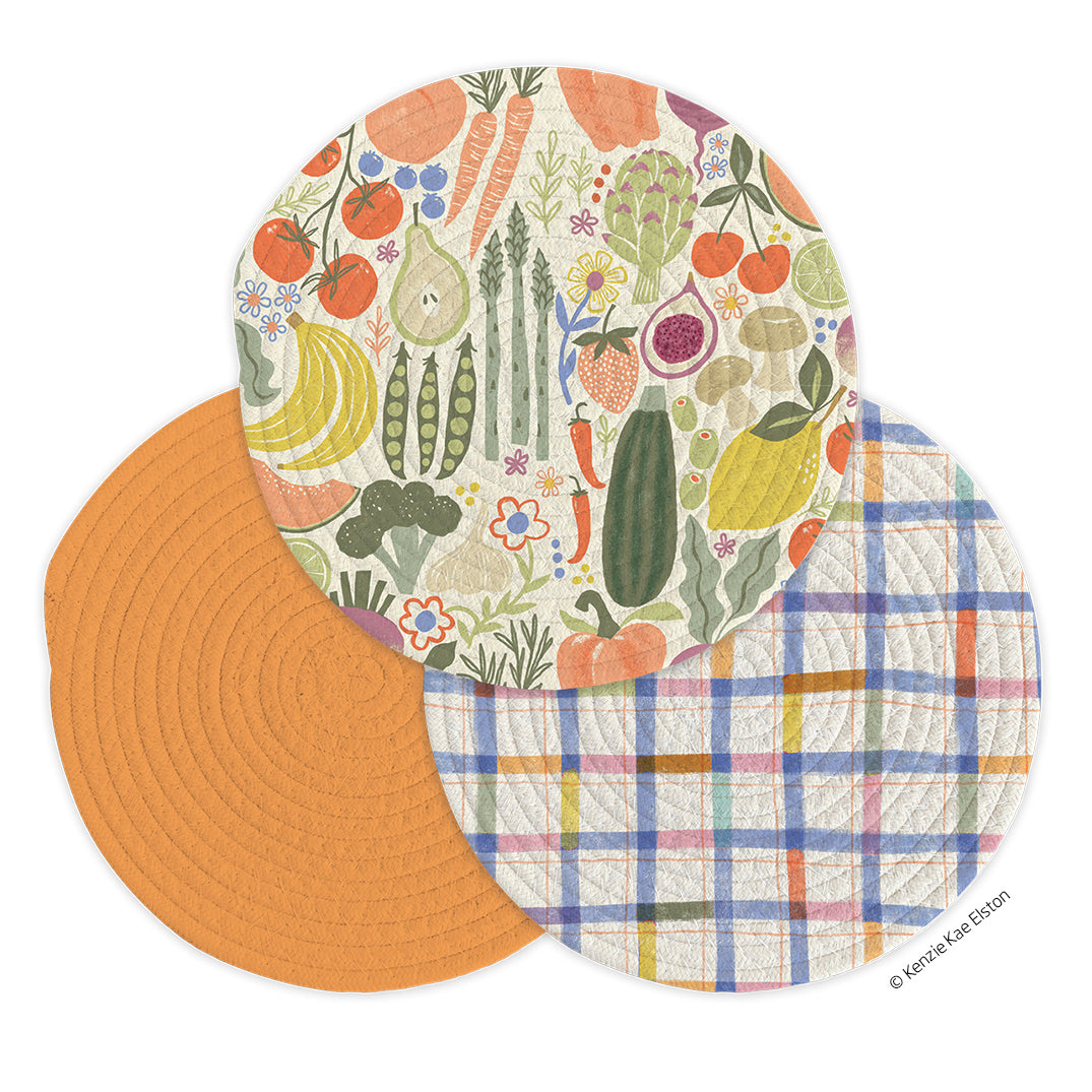 farm stand trivets on a white background