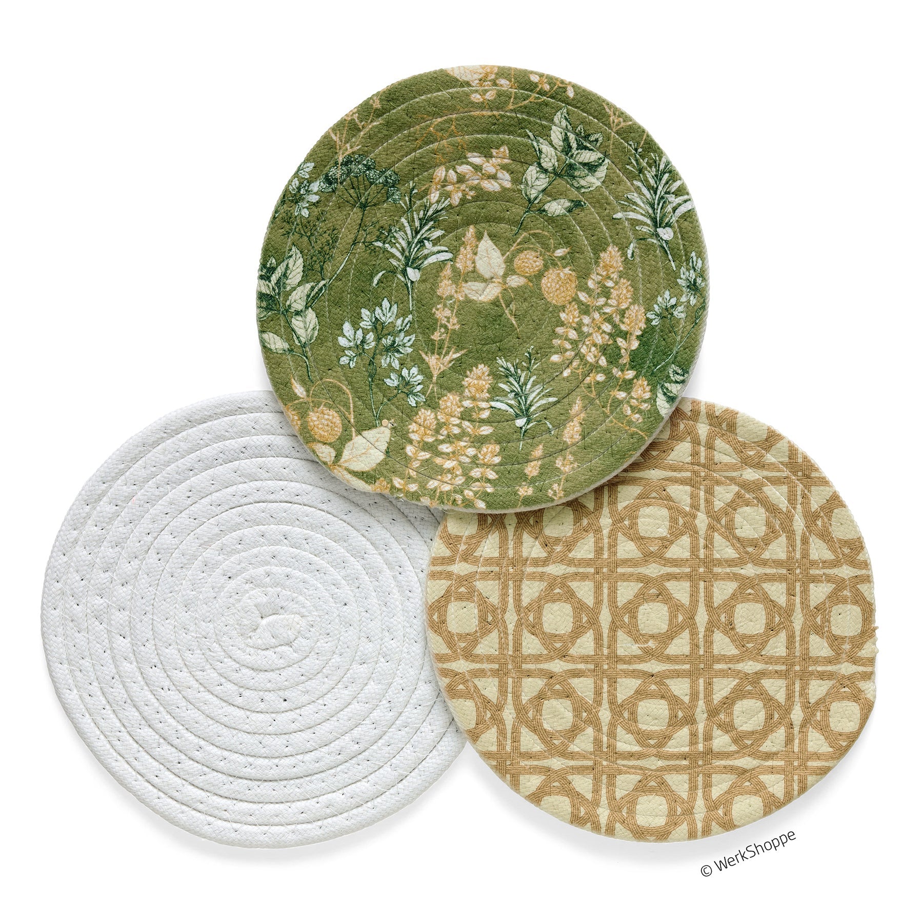 3 assorted kitchen herbs trivets on a white background