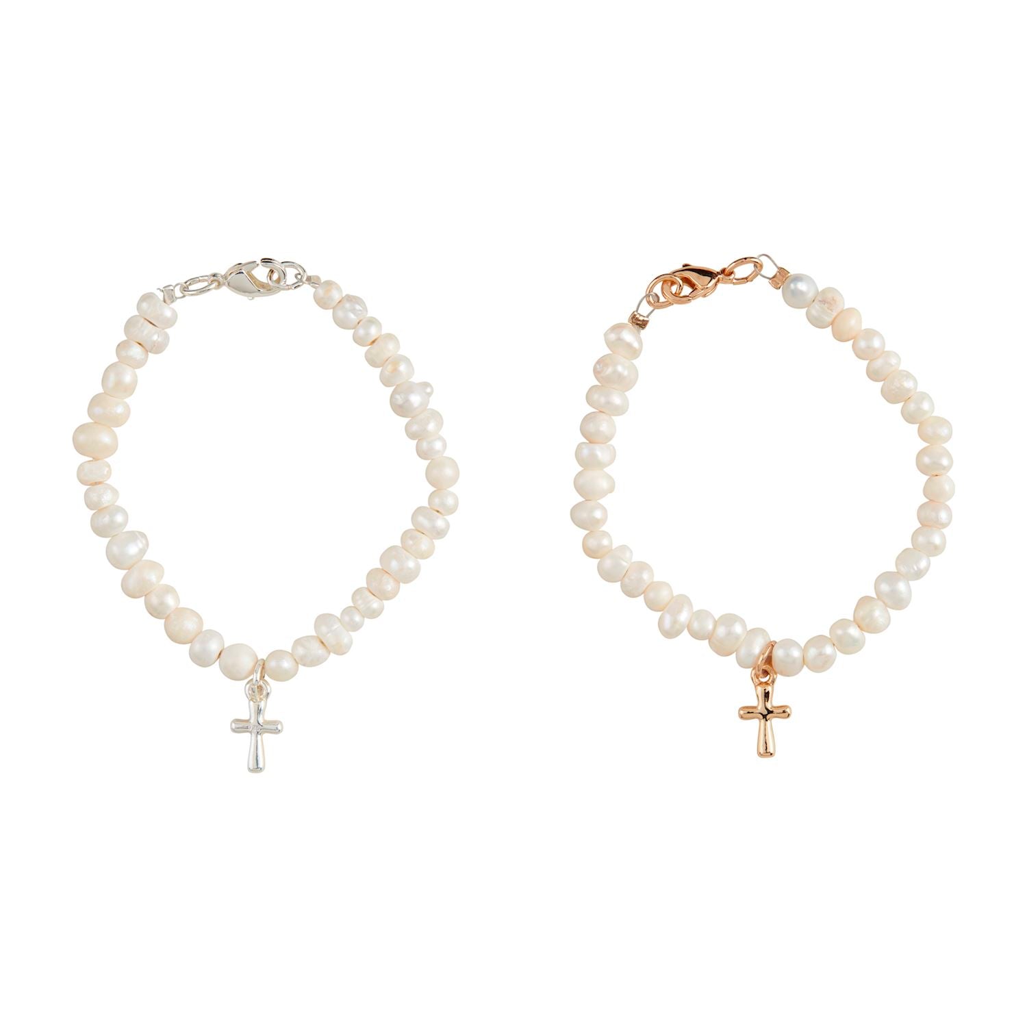 Two pearl bracelets with cross pendants on a white background