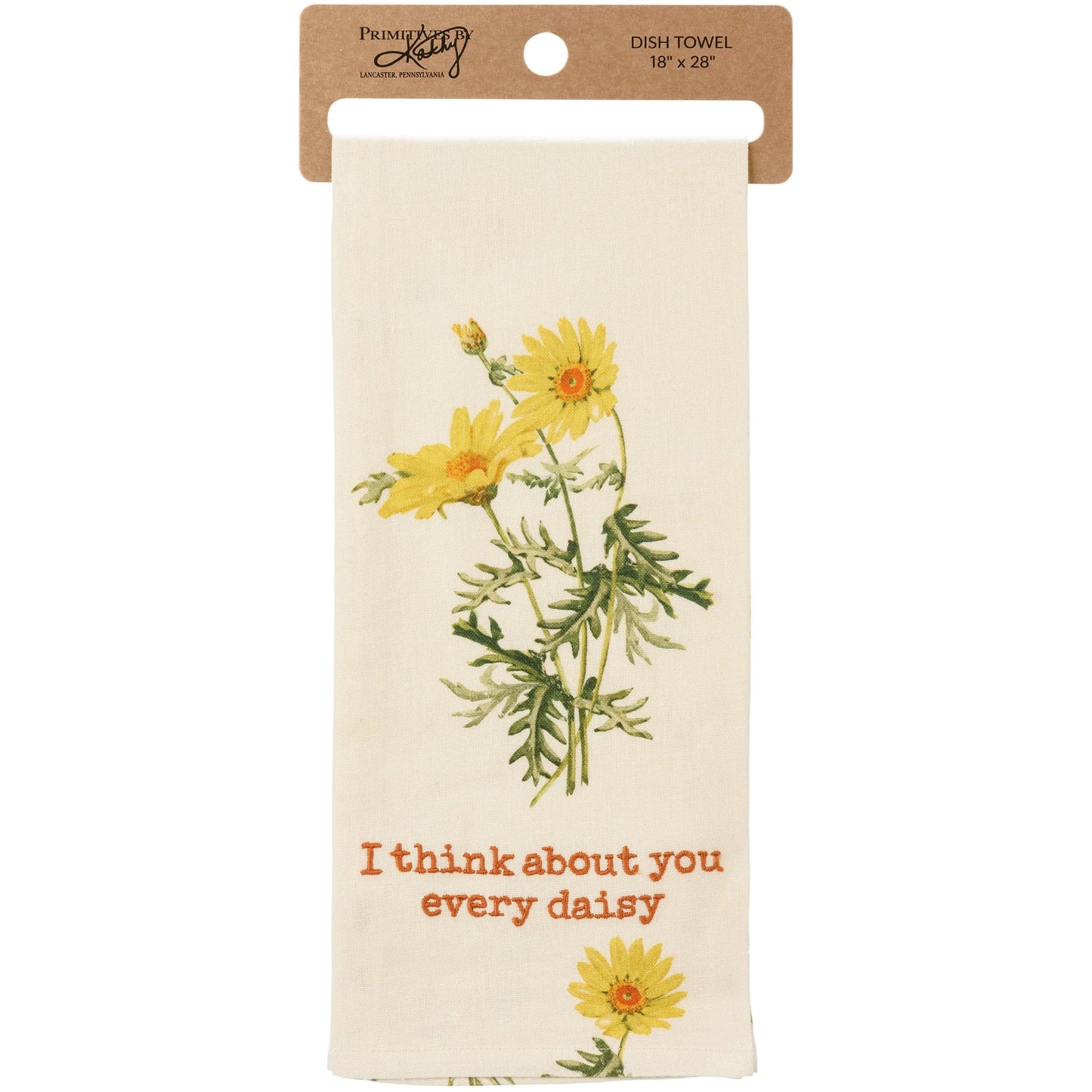 off-white towel with yellow daisy design and "I think about you every daisy" embroidered on it