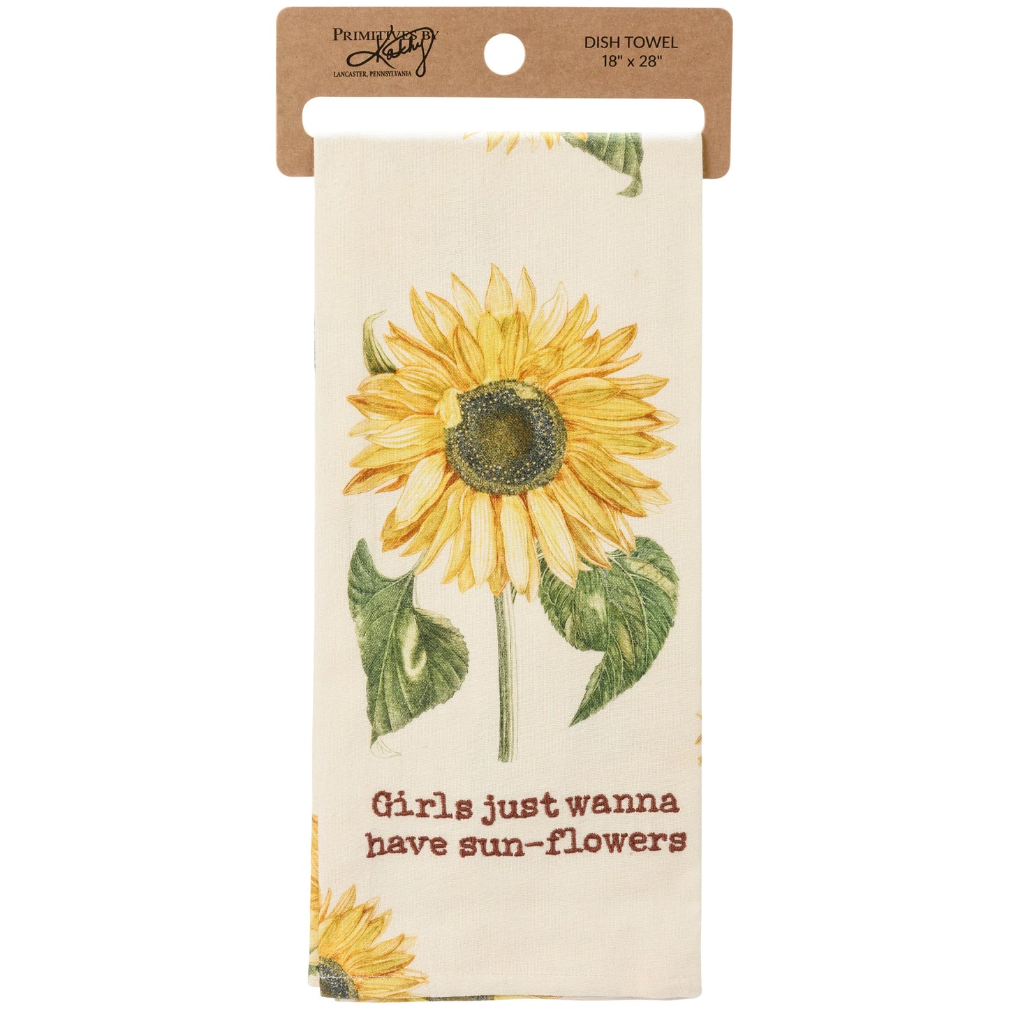 Ivory towel with sunflower design printed on it and "girls just wanna have sunflowers" embroidered on it