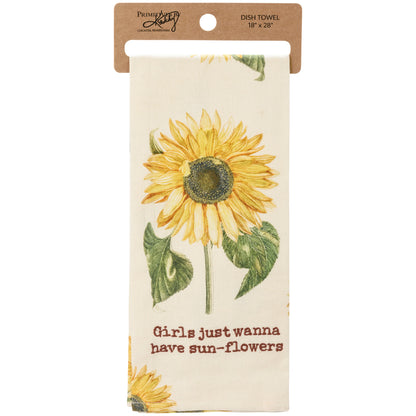Ivory towel with sunflower design printed on it and "girls just wanna have sunflowers" embroidered on it