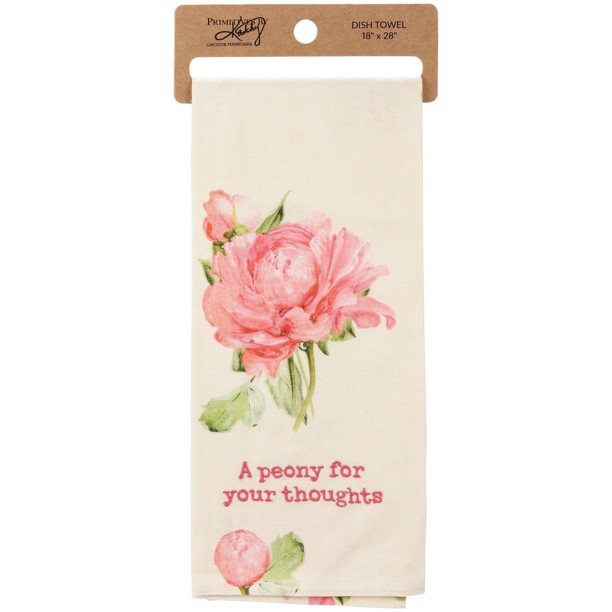 off-white kitchen towel with pink peony design and "a peony for your thoughts" embroidered on it