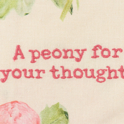 close-up of "a peony for your thoughts" embroidery on towel
