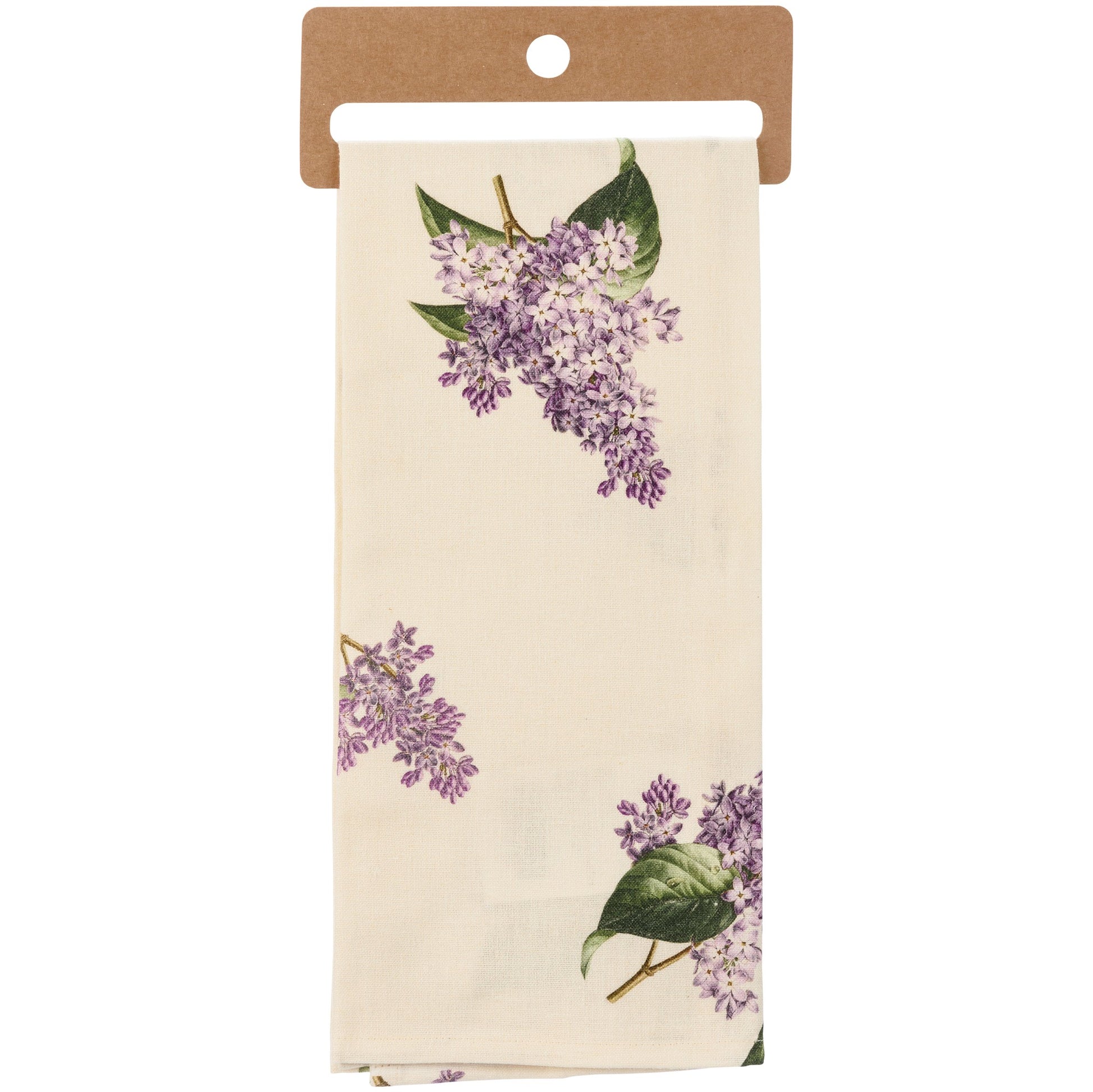 tan towel with printed lilac images on it