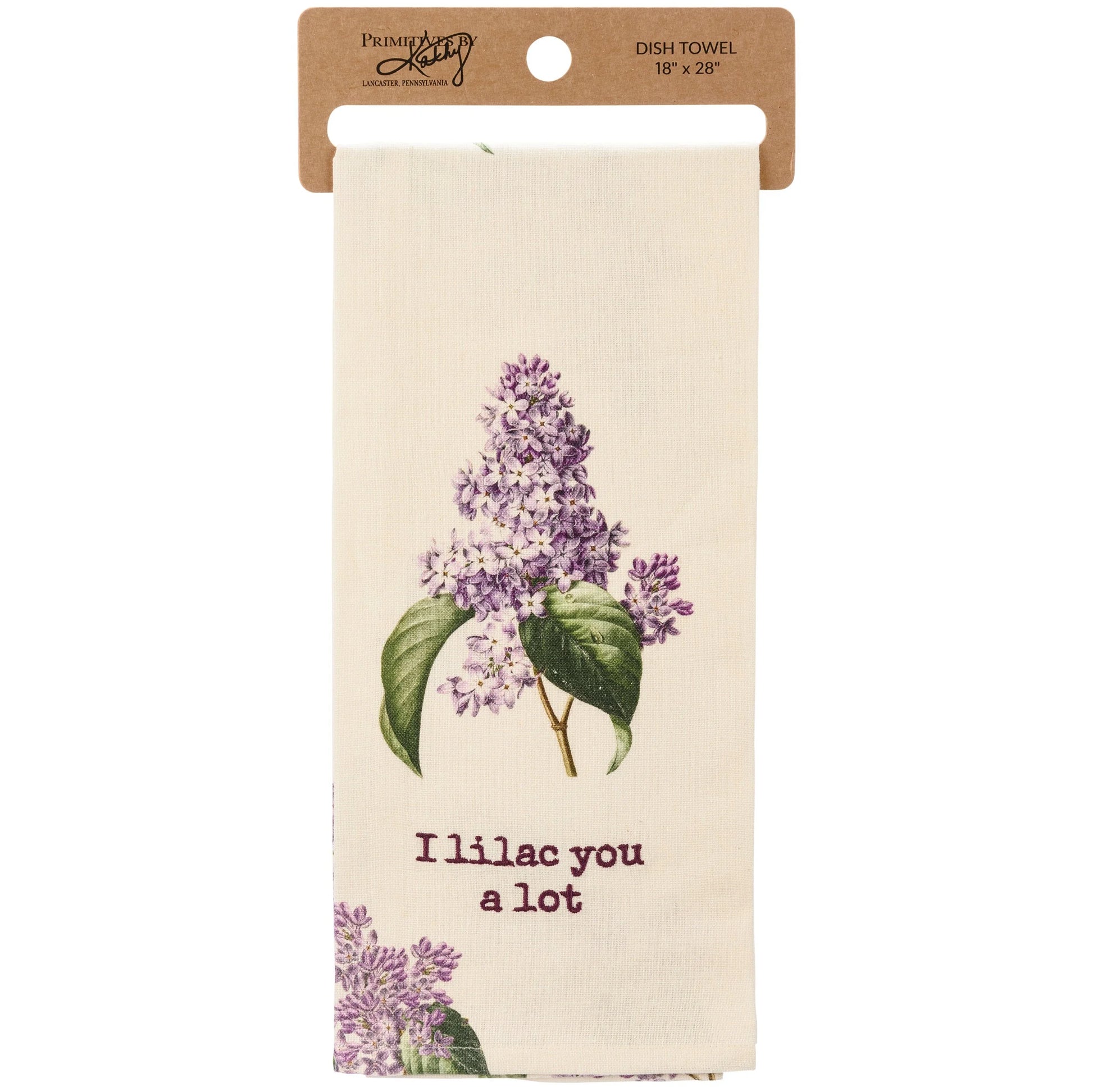 ivory towel with lilac design and embroidered "I Lilac You A Lot"