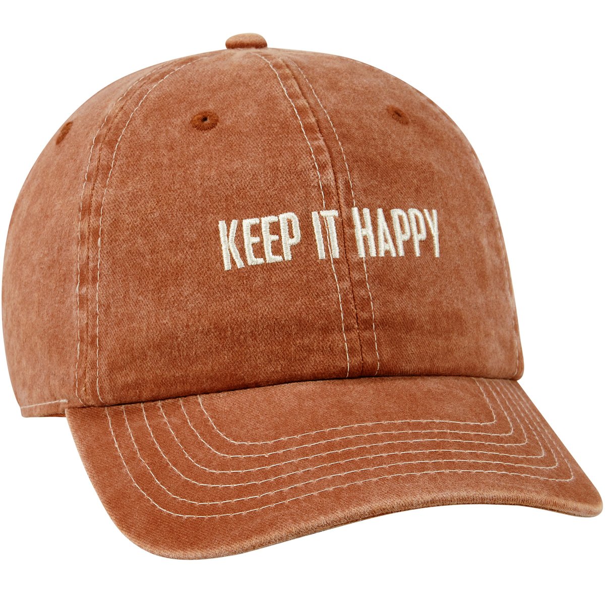 orange baseball cap with white text "keep it happy"