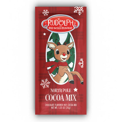 Rudolph the Red-Nosed Reindeer North Pole Cocoa Mix packaging with a cartoon image of Rudolph printed on it