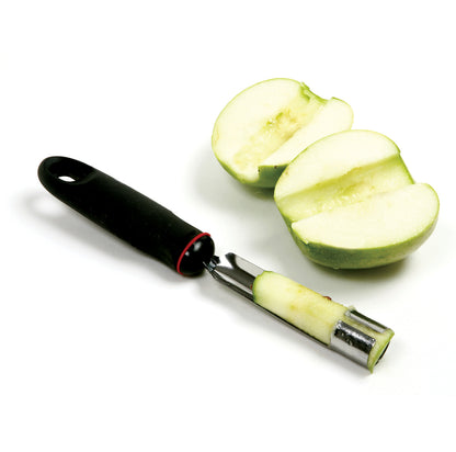 Apple Corer with core of apple in it and sliced apple without or core set next to it