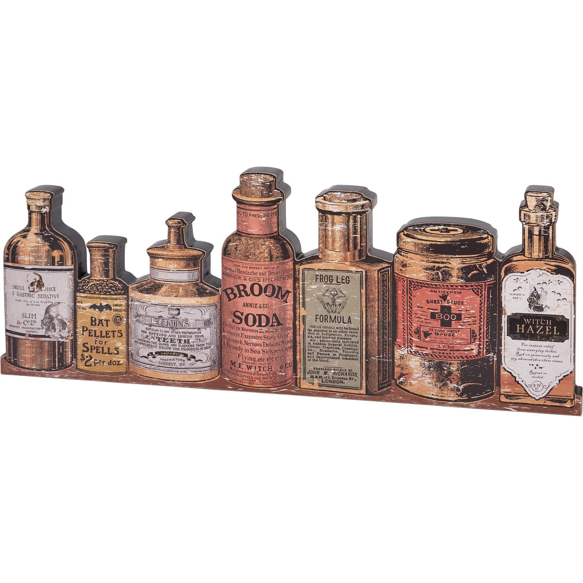 A decorative row of vintage medicine bottles made of wood, shown against a plain white background.