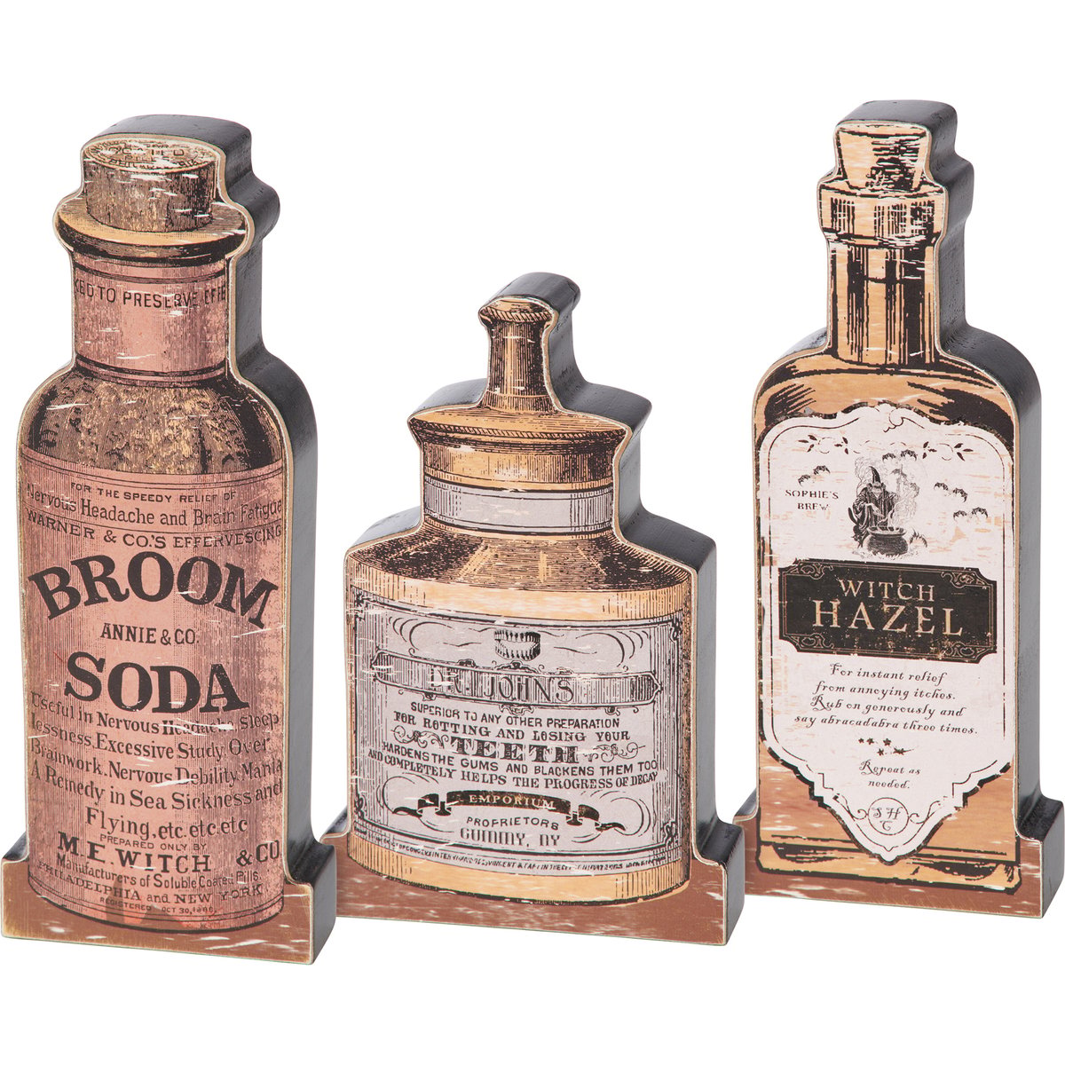 three decorative wooden bottles with vintage labels on a white background