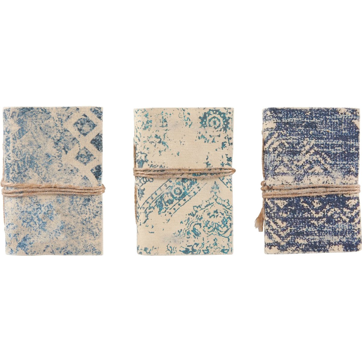 Three mini notebooks with blue and beige pattern in a row on a white background