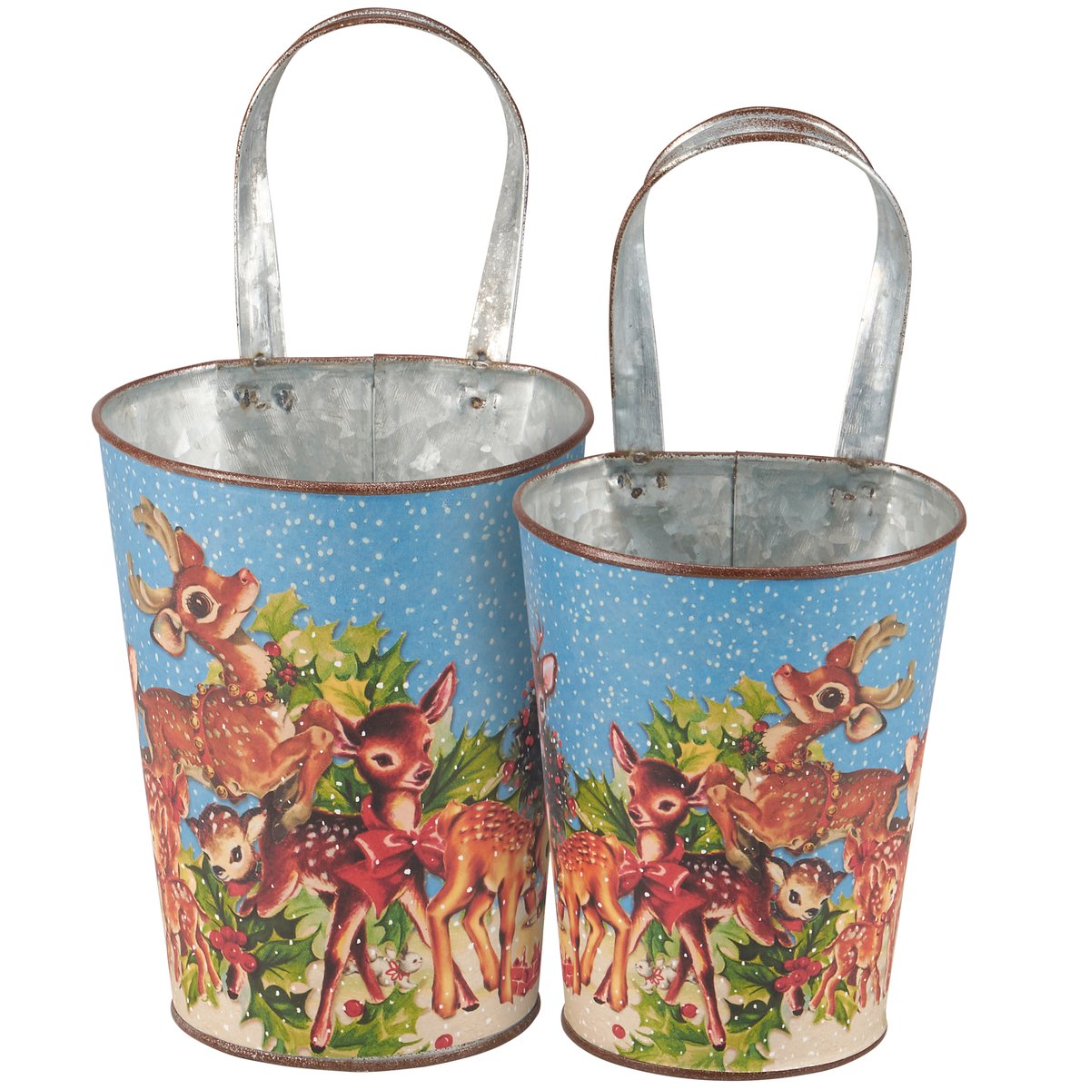 Two vintage-style metal bucket planters with silver handles, decorated with a festive illustration of deer, holly, and pine trees on a light blue background with white snowflakes.