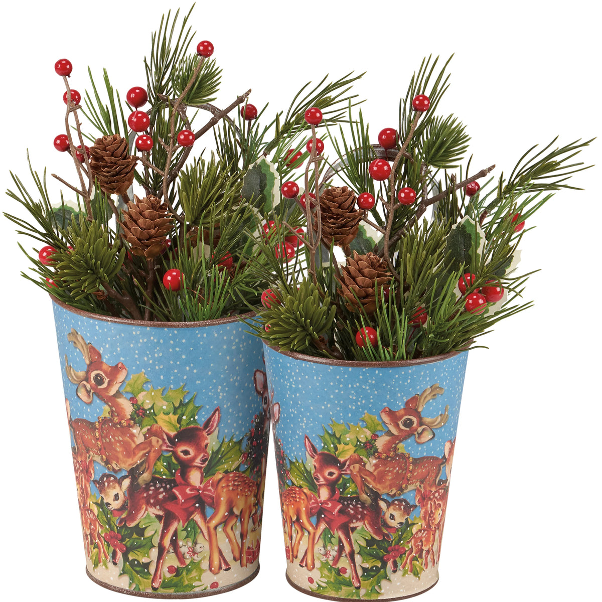 2 sizes of metal buckets with deer designs filled with evergreen sprigs, red berries, and pinecones