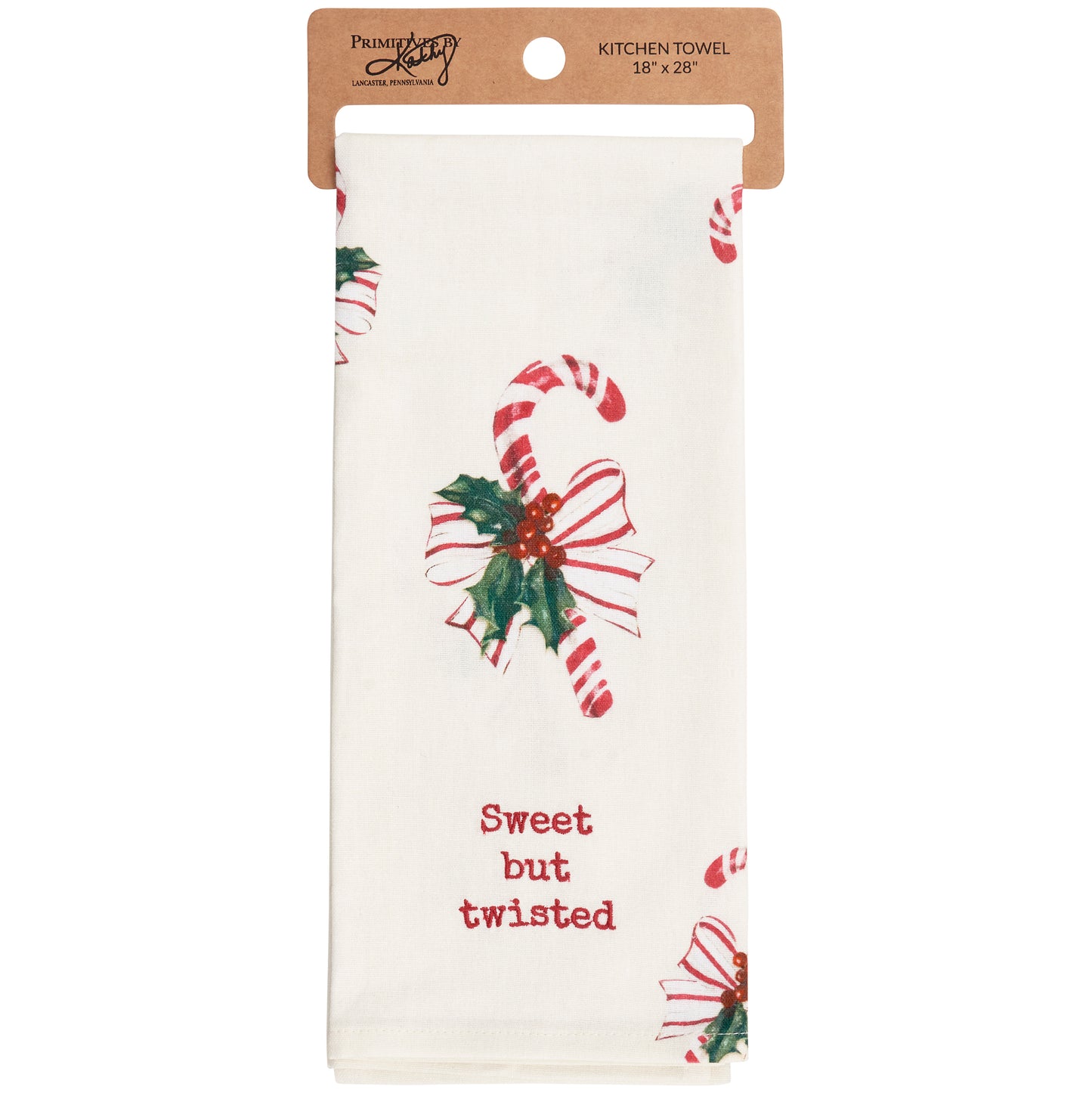 off-white hand towel with candy cane design and "sweet but twisted" embroidered on it.