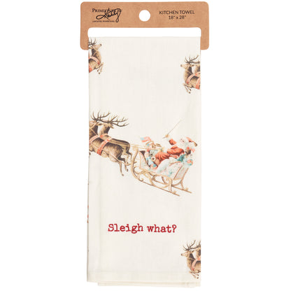 off-white hand towel printed with vintage design of santa in his sleigh and embroidered with "sleigh what?"