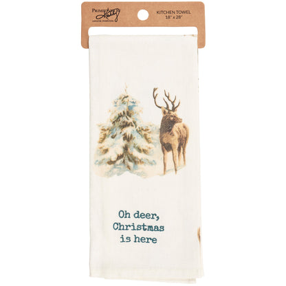 off-white  towel with deer and tree design and "oh deer christmas is here" embroidered on it.