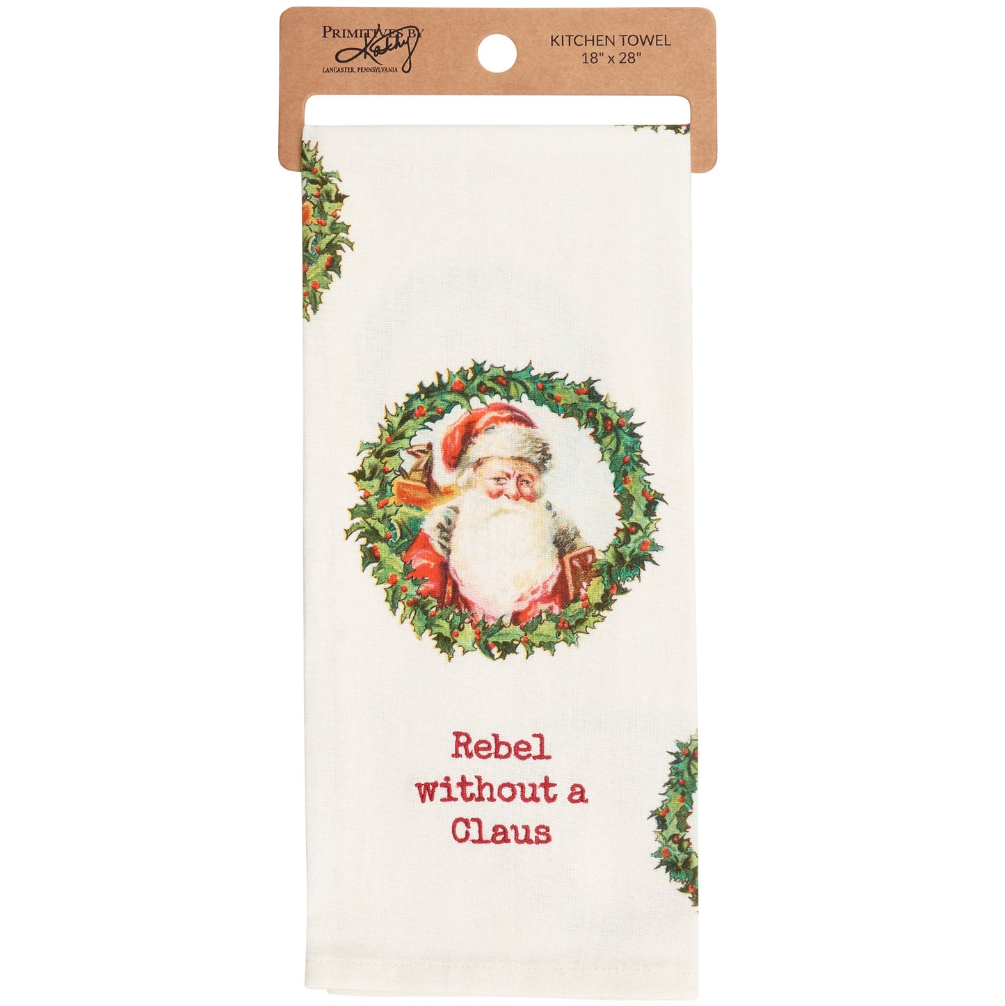 off-white hand towel with santa in wreath design and "rebel without a claus embroidered on it.