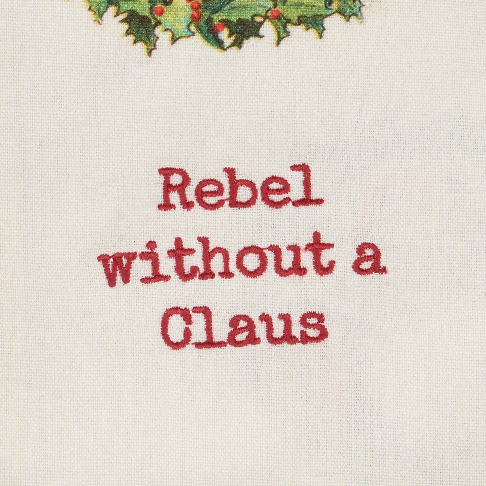 close-up of "rebel without a claus" embroidery.