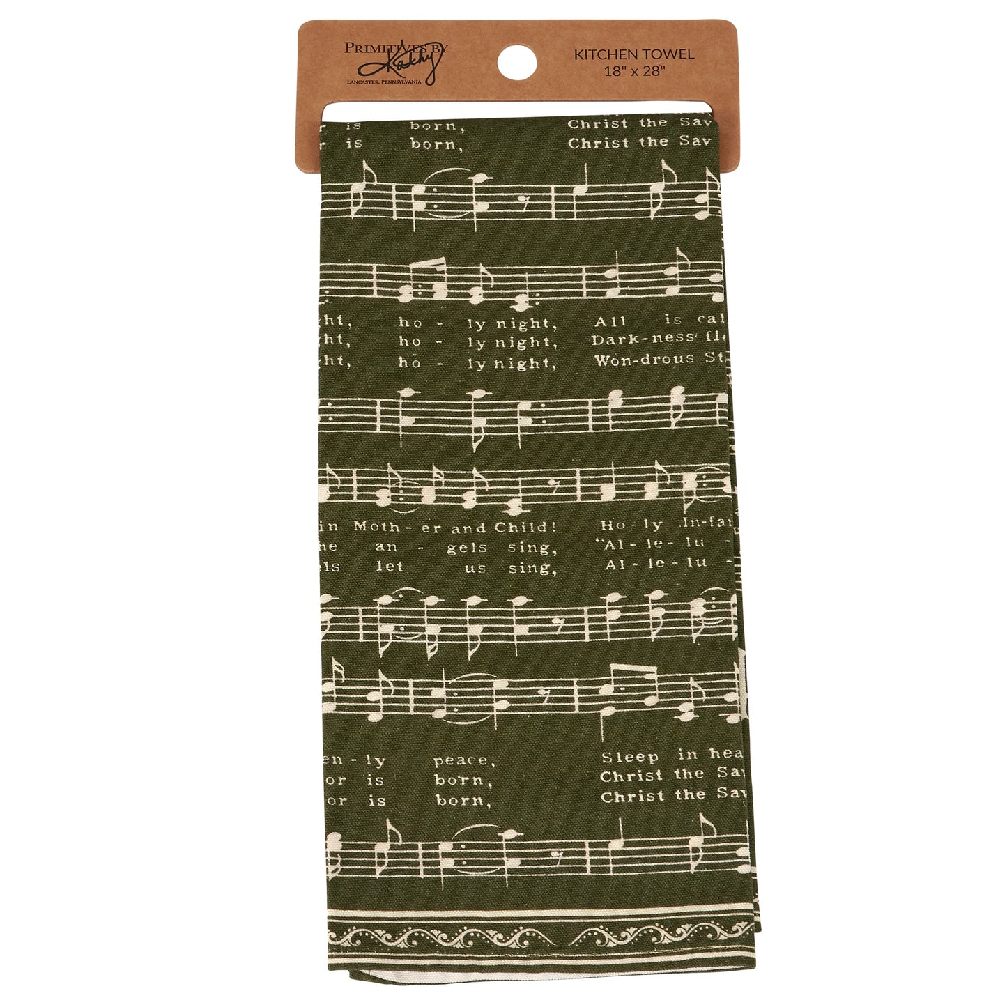 dark green towel with silent night sheet music printed on it.