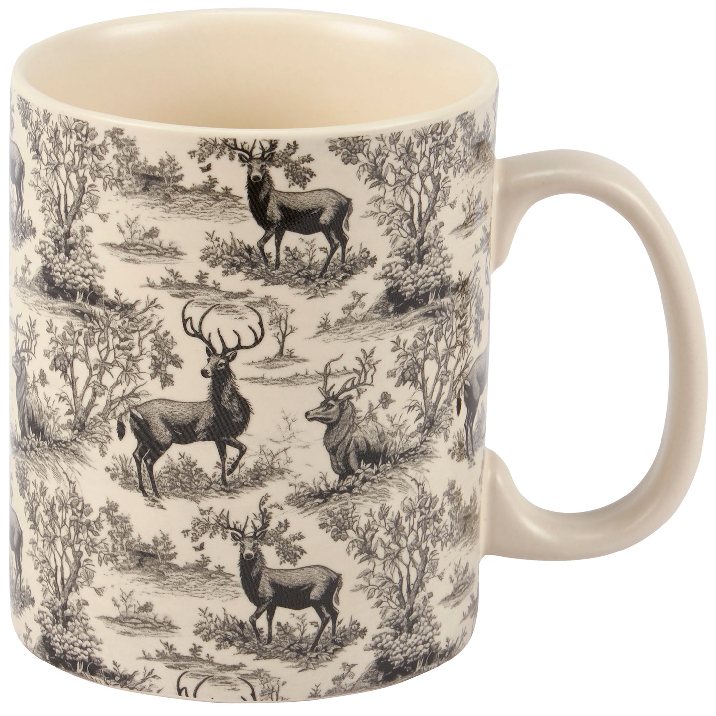 cream colored mug with and deer in the forest design.