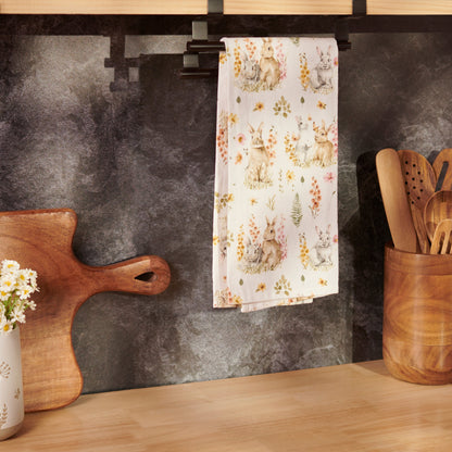 flower bunny kitchen towel hanging in a kitchen