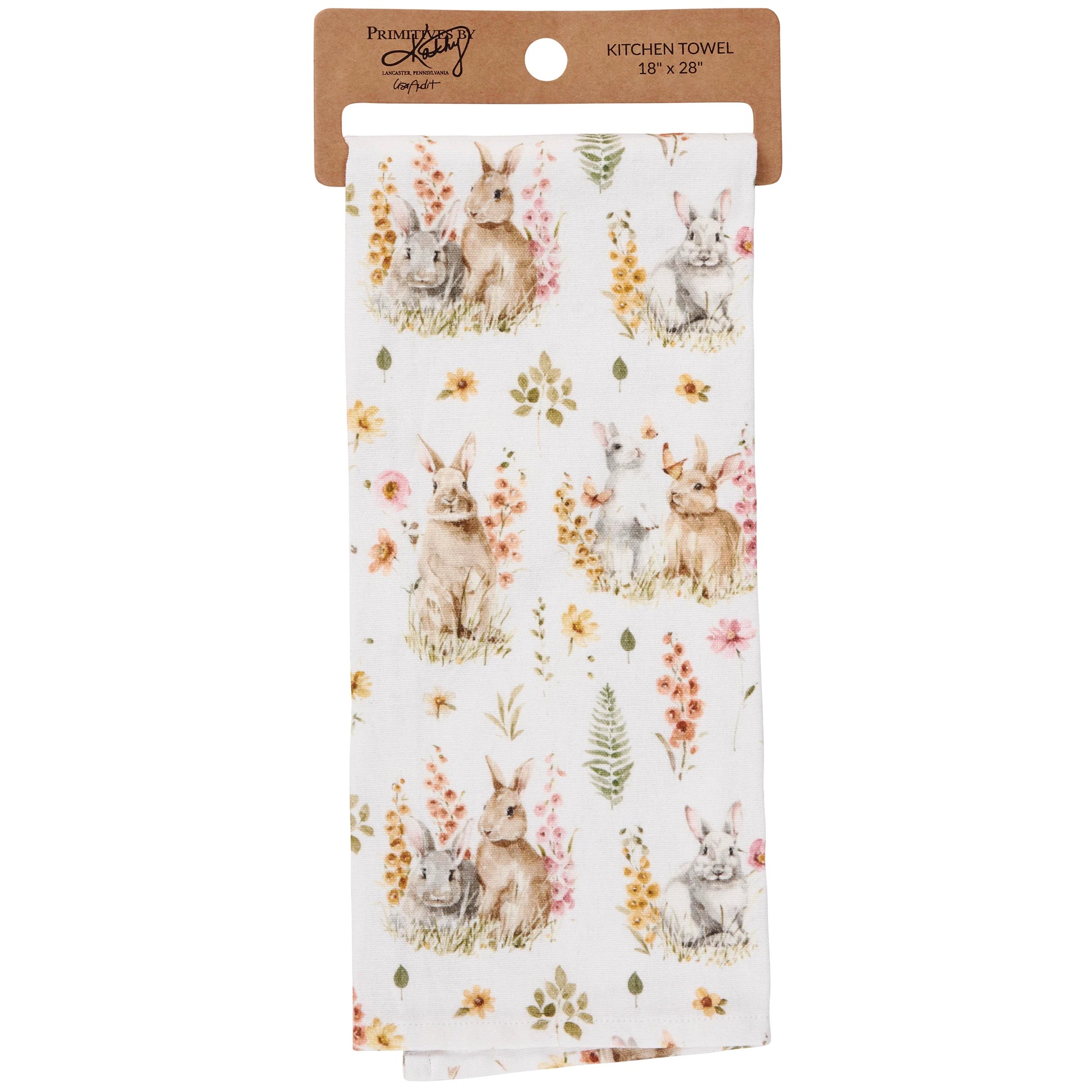 Kitchen towel with rabbit and floral pattern on a white background