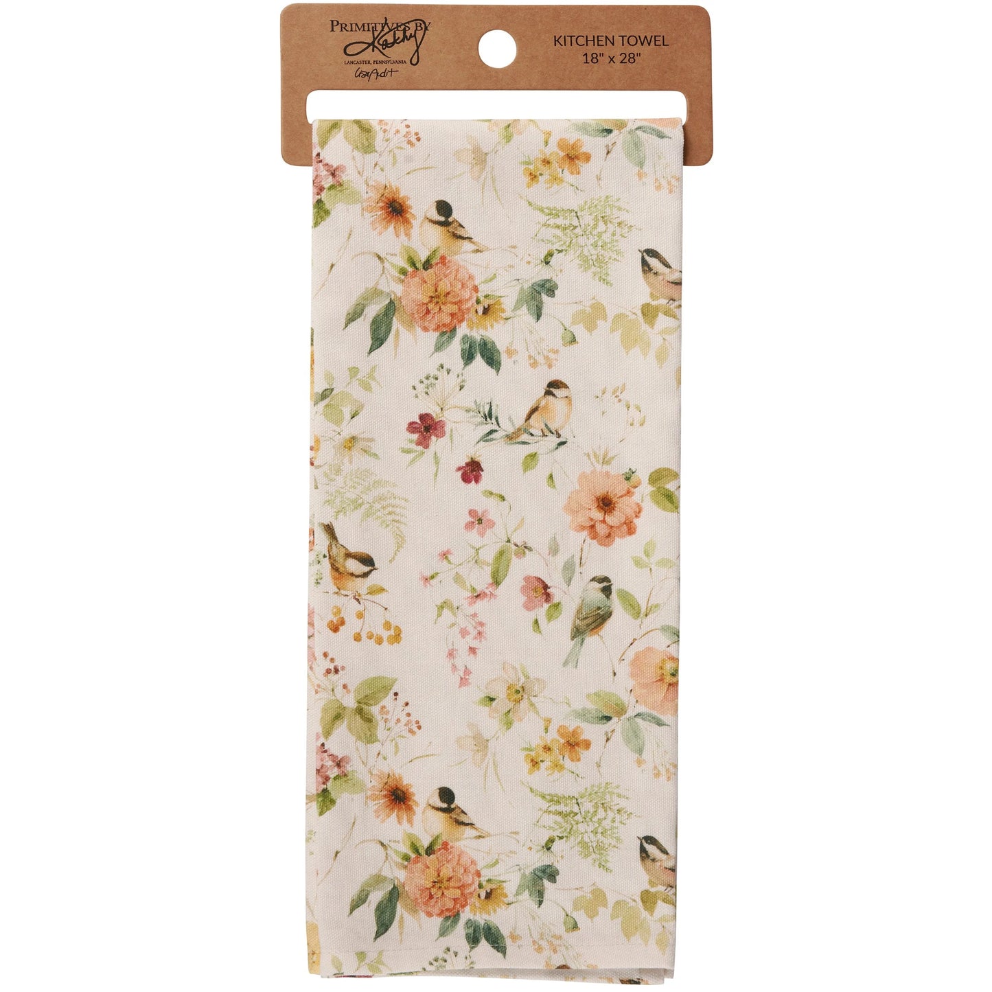 Floral and bird patterned kitchen towel on a white background