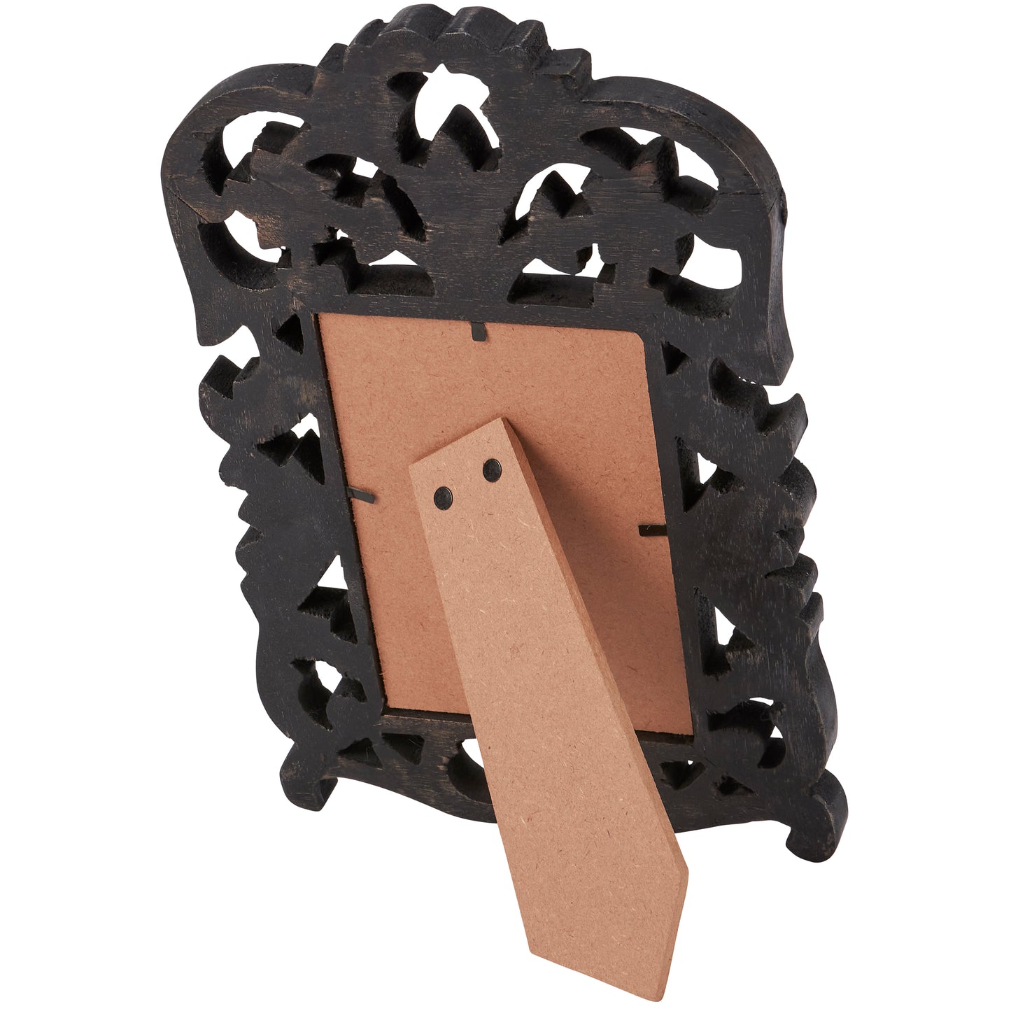 back view of black filigree frame with back easel