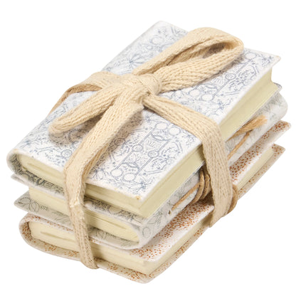 Stack of mini notebooks tied with a ribbon on a white background