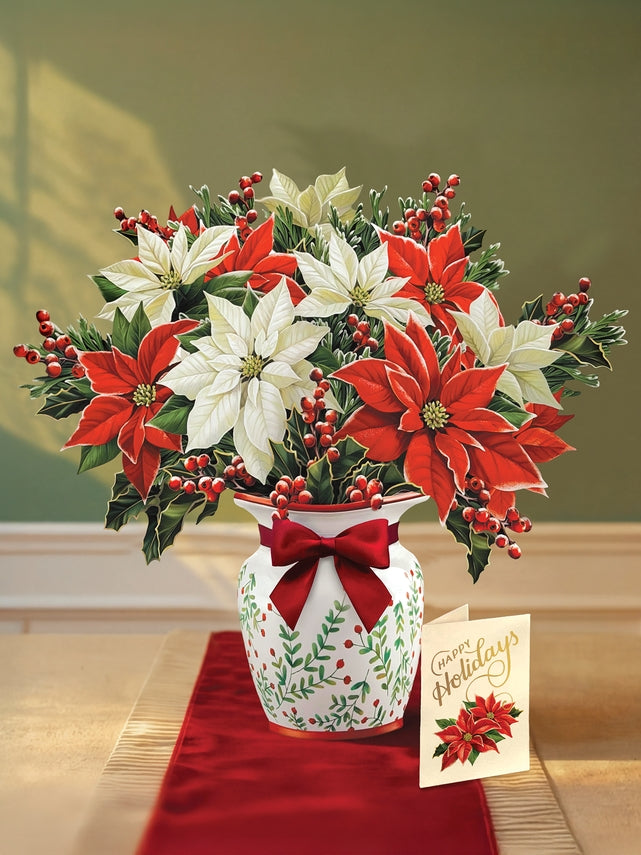 festive poinsettias pop up card and note card on a table